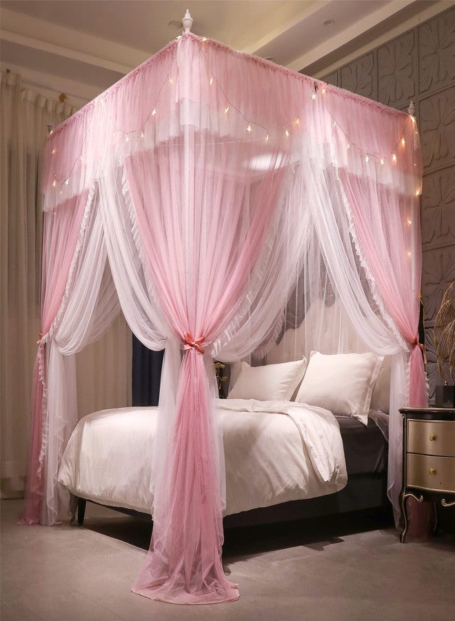 VETHIN 4 Corners Post Ruffle Princess Bed Canopy Curtain, 4 Openings Mosquito Net for Girls Adults Bedroom Decoration (Pink/White, 64" W x 82" L x 82" H) Queen - Image 1