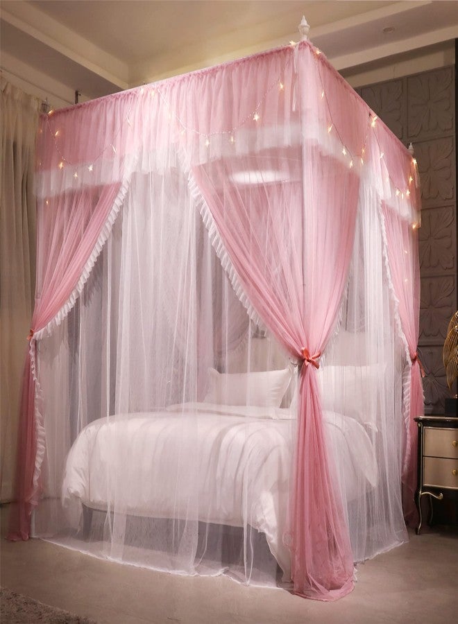 VETHIN 4 Corners Post Ruffle Princess Bed Canopy Curtain, 4 Openings Mosquito Net for Girls Adults Bedroom Decoration (Pink/White, 64" W x 82" L x 82" H) Queen - Image 3