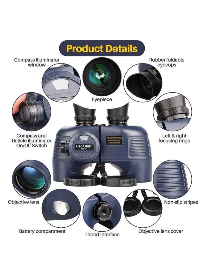 USCAMEL 10x50 Marine Binoculars for Adults, Waterproof Binoculars with Rangefinder Compass，BAK4 Prism FMC Lens Binoculars with Tripod Adapter for Navigation Bird Watching Hunting  - Image 2