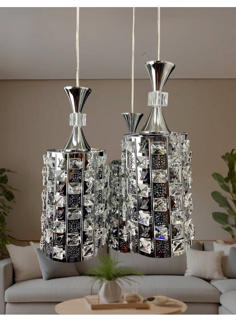 Modern triple pendant, crystal, silver color, 3 bulbs, code 107