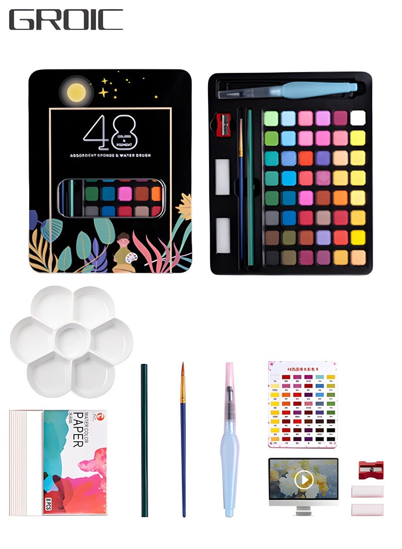 GROIC Watercolor Paint Set, 48 Vivid Colors in Pocket Box,Watercolor Pan Set with Nylon Brushes and Watercolor Paper,Painting Set - Image 1