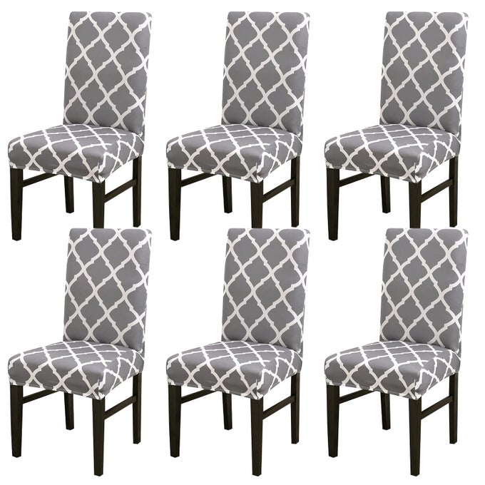 DINING CHAIR COVERS SET OF 6STRETCH DINING CHAIR PROTECTIVE PRINTED SLIPCOVERSELASTIC REMOVABLE WASHABLE CHAIR PROTECTOR SEAT COVERS FOR DINING ROOM BANQUET PARTY HOME DECORGREYWHITE 6PCS