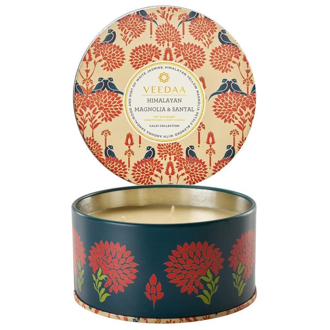 HIMALAYAN MAGNOLIA SANTAL 3 WICK TIN SOY WAX SCENTED CANDLE BURNS 40 HOURS