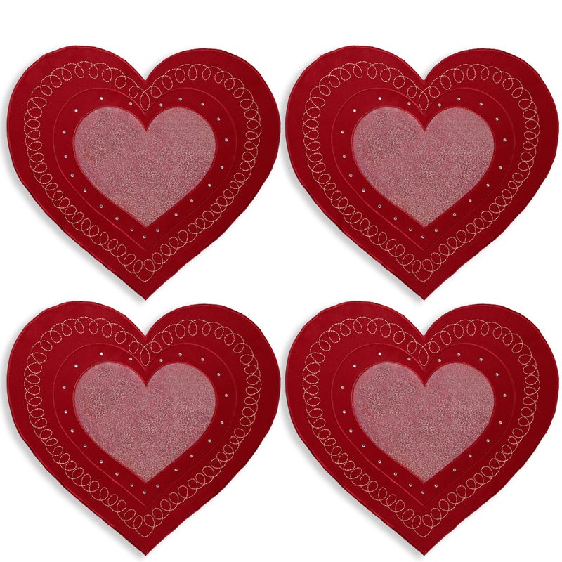 OWENIE Valentines Day Heart Placemats Set of 4, Embroidered Red Gillter Heart with Sequins Valentines Table Mats, and Wedding Table Decor,13.5 x 15, Red - Image 1