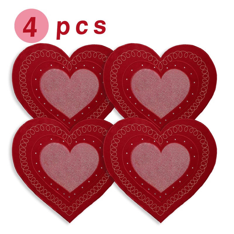 OWENIE Valentines Day Heart Placemats Set of 4, Embroidered Red Gillter Heart with Sequins Valentines Table Mats, and Wedding Table Decor,13.5 x 15, Red - Image 2