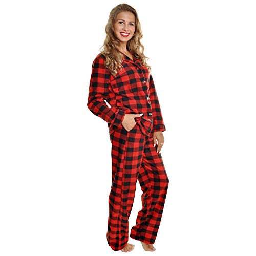 Angelina Women's Pajama Set Cozy Fleece with Notch Collar and Pockets | PJ56_M | Black & Red Plaid - Image 4
