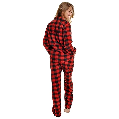 Angelina Women's Pajama Set Cozy Fleece with Notch Collar and Pockets | PJ56_M | Black & Red Plaid - Image 2