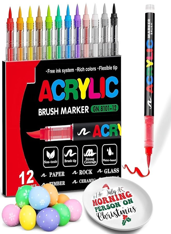 Woleebee Acrylic Paint Markers Set (12 Colors) – Brush Tip Water-Based Paint Pens with Direct Ink System for Rock Painting, Canvas, Glass, Wood, Fabric & DIY Art Crafts - Image 1