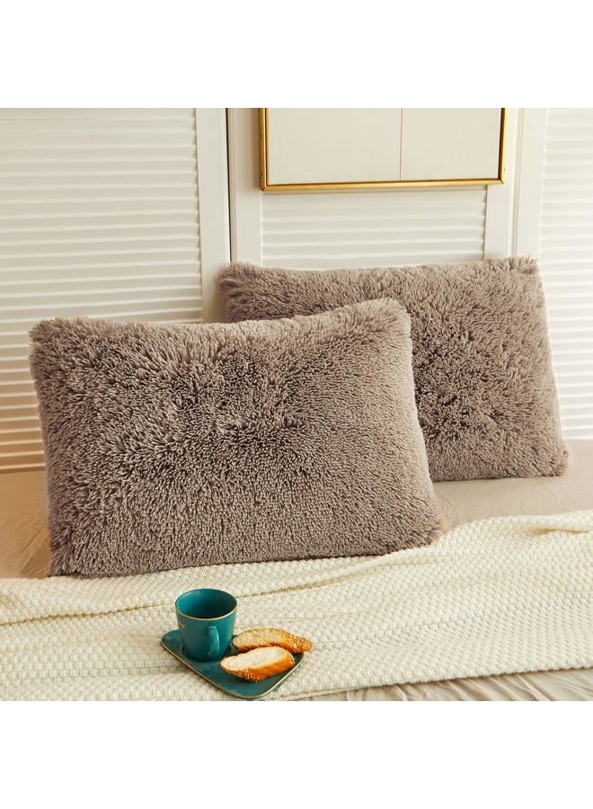 LIFEREVO 2 Pack Faux Fur Pillow Shams,Shaggy Plush Home Decorative Luxury Series Super Soft Furry Pillow Case with Zipper Closure for Home Sofa Couch Decoration,Standard Size(Khaki,20"x26") - Image 1