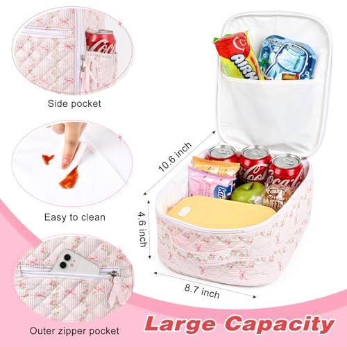 Aileam Lunch Box Lunch Bag for Women Cute Girls Insulated Womens Lunch Bag For Work Quilted Large Capacity Reusable Insulated Cooler for Work Picnic Travel Pink Bow Flower - Image 3