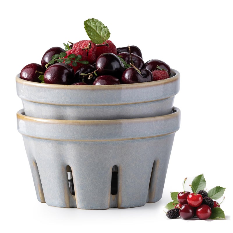 Gomakren Fruit Bowl with Holes, Ceramic Berry Basket Set of 2, 5.8 Inch Round Fruit Storage Containers for Kitchen, Farmhouse Strawberry Basket for Berries, Grape, Cherry, Gray - Image 1