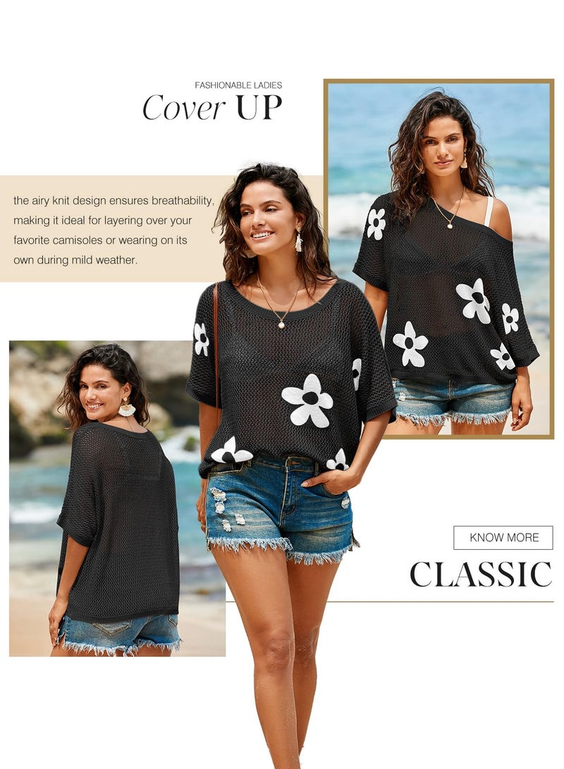Dokotoo Womens Juniors Floral Summer Crochet Casual Sweaters Tops Cruise Outfits for Women 2026 Round Neck Short Sleeve Vacation Outfits Lightweight Knit Tops Blouse,Black Medium - Image 4