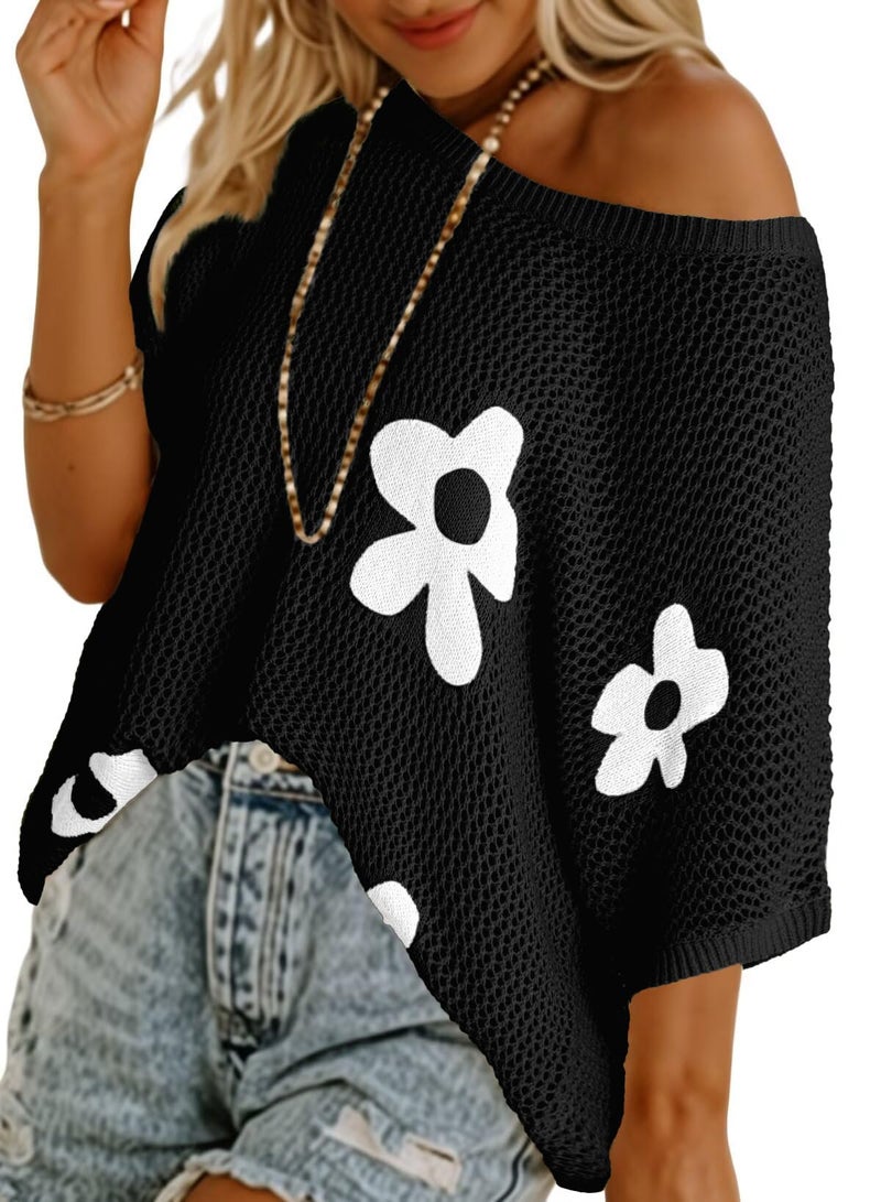 Dokotoo Womens Juniors Floral Summer Crochet Casual Sweaters Tops Cruise Outfits for Women 2026 Round Neck Short Sleeve Vacation Outfits Lightweight Knit Tops Blouse,Black Medium - Image 1