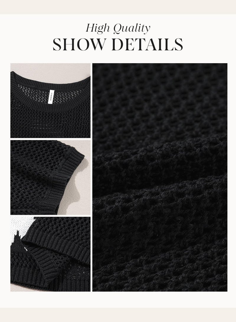 Dokotoo Womens Juniors Floral Summer Crochet Casual Sweaters Tops Cruise Outfits for Women 2026 Round Neck Short Sleeve Vacation Outfits Lightweight Knit Tops Blouse,Black Medium - Image 5