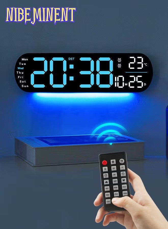 NIBEMINENT LED Digital Clock, Digital Wall Clock with Remote Control, RGB Atmosphere Lights with 8 Adjustable Night Light Colors, Dual Alarms, Temperature for Room （Blue） - Image 1
