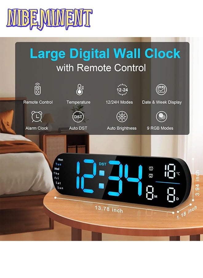 NIBEMINENT LED Digital Clock, Digital Wall Clock with Remote Control, RGB Atmosphere Lights with 8 Adjustable Night Light Colors, Dual Alarms, Temperature for Room （Blue） - Image 2