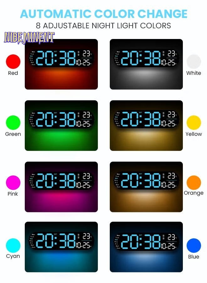 NIBEMINENT LED Digital Clock, Digital Wall Clock with Remote Control, RGB Atmosphere Lights with 8 Adjustable Night Light Colors, Dual Alarms, Temperature for Room （Blue） - Image 3