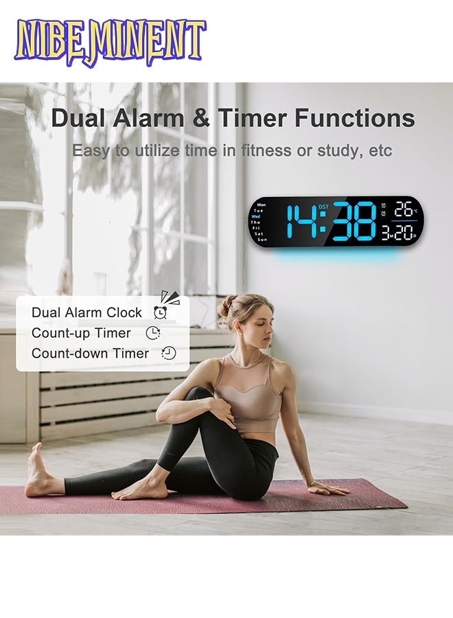 NIBEMINENT LED Digital Clock, Digital Wall Clock with Remote Control, RGB Atmosphere Lights with 8 Adjustable Night Light Colors, Dual Alarms, Temperature for Room （Blue） - Image 5