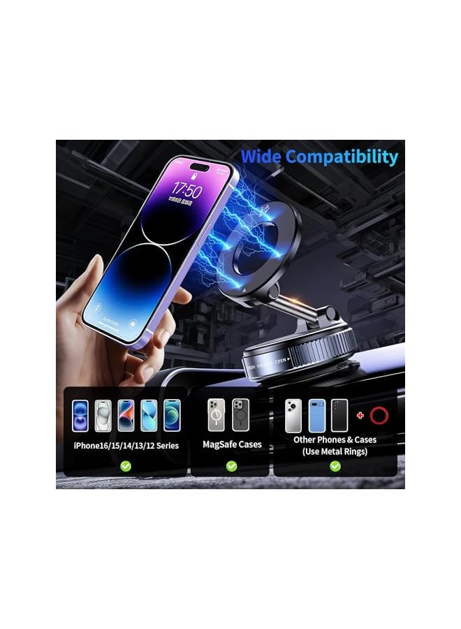 S-TOP Vacuum Suction Magnetic Phone Holder, 360° Adjustable Foldable Car Mount, Strong N55 Magnets with Magnetic Ring, Compatible with iPhone and Android, for Windshield, Mirror, Kitchen - Image 4
