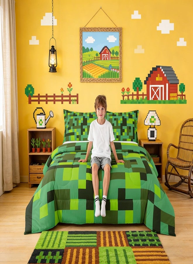 Man Fei Manfei Pixel Grid Miners Bedding Set Twin Size, Geometric Grid Patchwork Pixelated Comforter Set，Cartoon Gamepad Video Games Quilt Comforter Boys Teens,Cyan Green Room Decor All Season,1 Pillowcase - Image 4