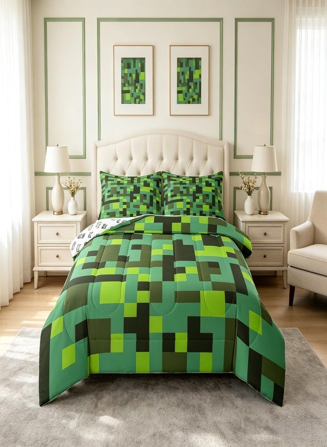 Man Fei Manfei Pixel Grid Miners Bedding Set Twin Size, Geometric Grid Patchwork Pixelated Comforter Set，Cartoon Gamepad Video Games Quilt Comforter Boys Teens,Cyan Green Room Decor All Season,1 Pillowcase - Image 3