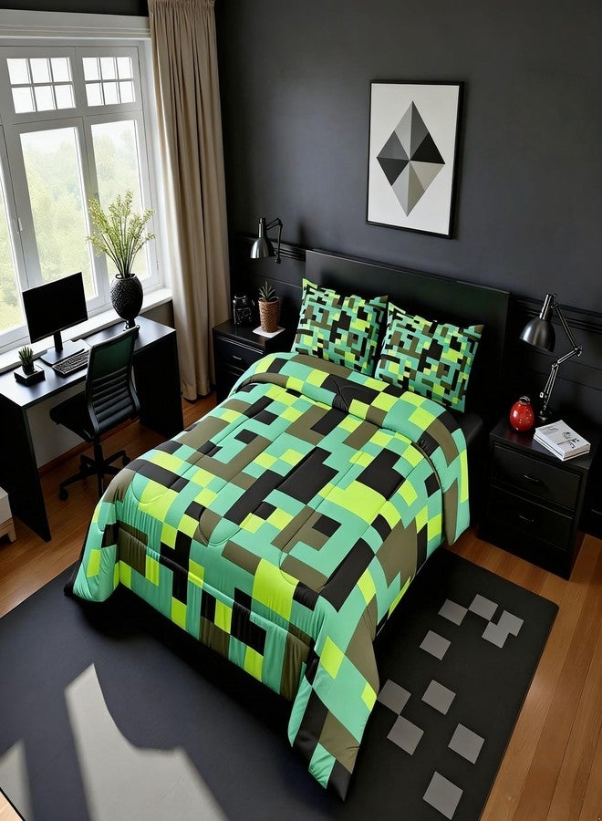 Man Fei Manfei Pixel Grid Miners Bedding Set Twin Size, Geometric Grid Patchwork Pixelated Comforter Set，Cartoon Gamepad Video Games Quilt Comforter Boys Teens,Cyan Green Room Decor All Season,1 Pillowcase - Image 5
