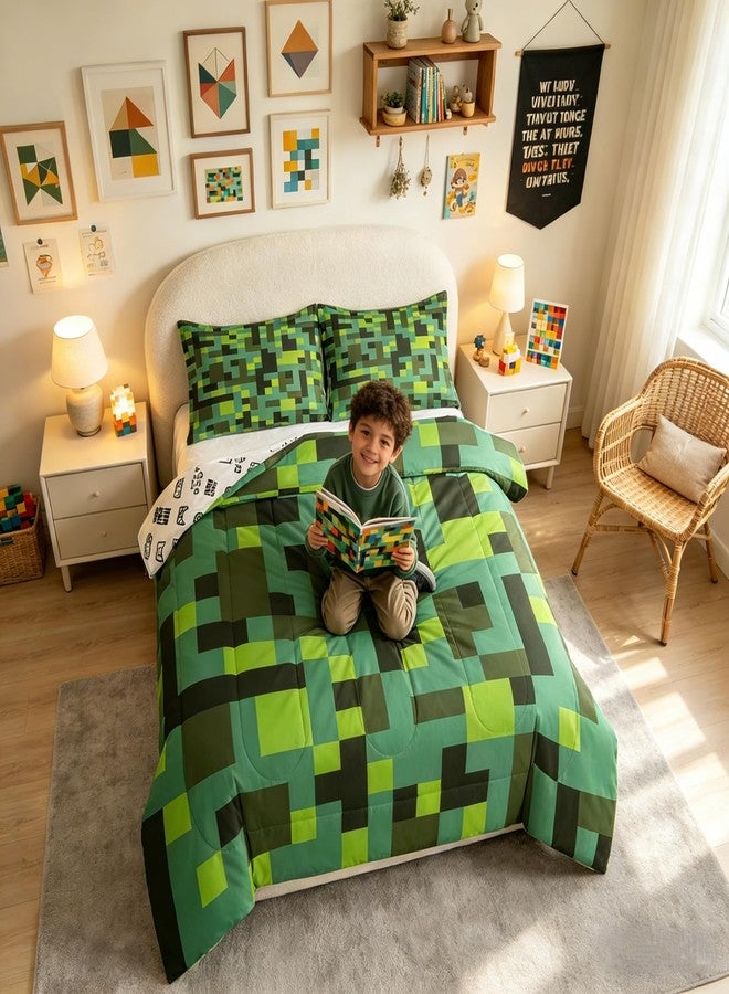 Man Fei Manfei Pixel Grid Miners Bedding Set Twin Size, Geometric Grid Patchwork Pixelated Comforter Set，Cartoon Gamepad Video Games Quilt Comforter Boys Teens,Cyan Green Room Decor All Season,1 Pillowcase - Image 1