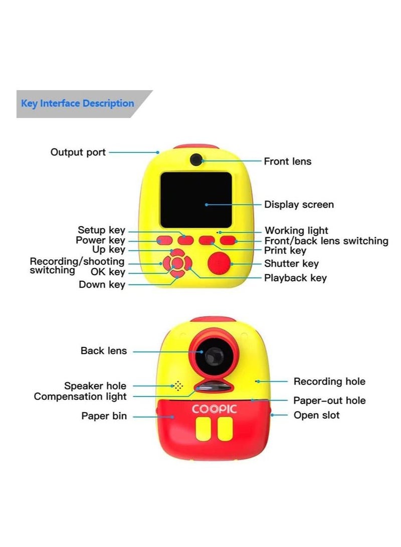 Coopic Children Instant Selfie Print Photo Videos Digital Camera Yellow 1080P Full-HD with Color Pens Thermal Print Papers Stickers Lanyard and 32GB Micro SD Slot Not Included - Image 3