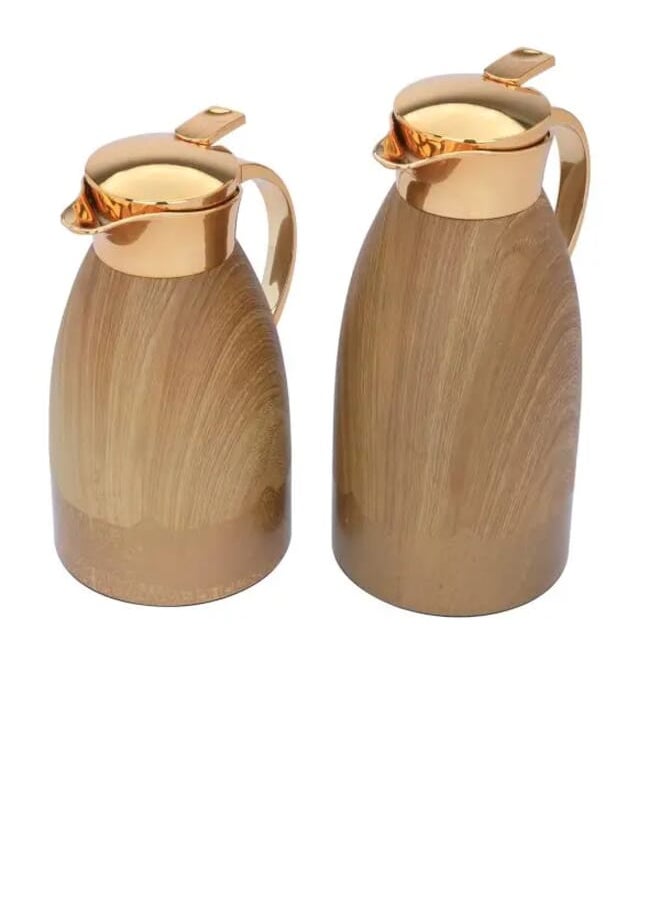 Alsaif Gallery Al-Andalus Thermos Set, Light Wooden, With Islamic Inscription, With Golden Handle, Press 2 Pieces  - Image 1