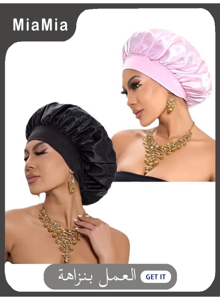 Miamay 2Pcs Silk Bonnet for Sleeping, Satin Hair Bonnets, Soft Elastic Band Silk Sleep Cap, Hair Wrap for Women(Black+Pink)  - Image 1