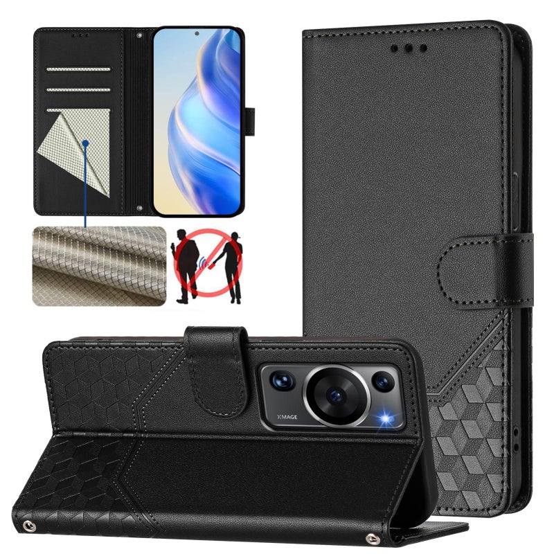 BURAQ Case Cover For Huawei P60 / P60 Pro Honeycomb Embossing RFID Leather Phone Case(Black) - Image 1