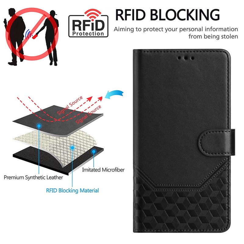 BURAQ Case Cover For Huawei P60 / P60 Pro Honeycomb Embossing RFID Leather Phone Case(Black) - Image 4