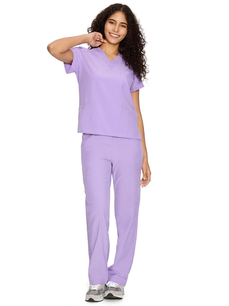 COZYFIT Scrubs for Women Set Medical Uniform - V-Neck Top & Straight Leg Pants with 9 Pockets, Unisex Workwear COZY SCRUBS, Light Purple, XS - Image 1