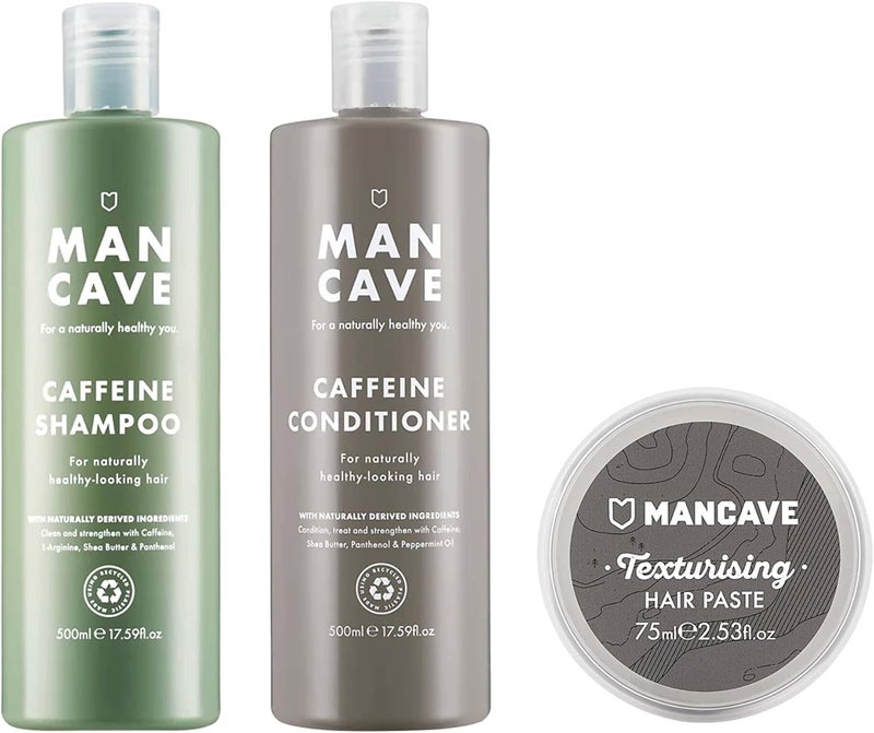 ManCave Haircare Set 500ml Caffine Shampoo Conditioner and hair paste