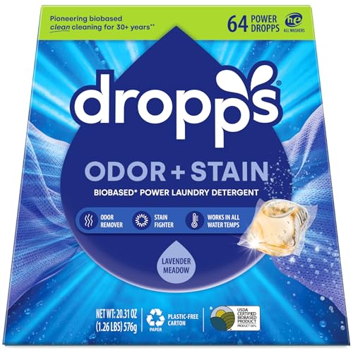 Dropps Odor & Stain Biobased Power Laundry Detergent Pods, Lavender Meadow (64 Count) - HE Compatible Laundry Pods for Fresh Clothes - Washing Detergent Soap Supplies & Recyclable Paperboard Packaging - Image 1