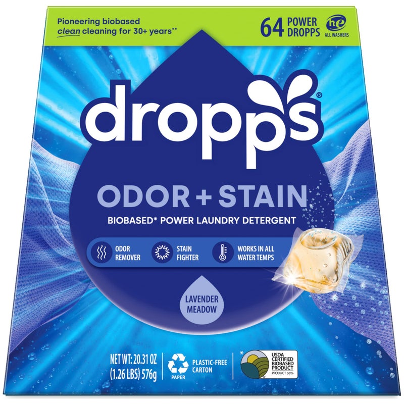 Dropps Odor & Stain Biobased Power Laundry Detergent Pods, Lavender Meadow (64 Count) - HE Compatible Laundry Pods for Fresh Clothes - Washing Detergent Soap Supplies & Recyclable Paperboard Packaging - Image 2