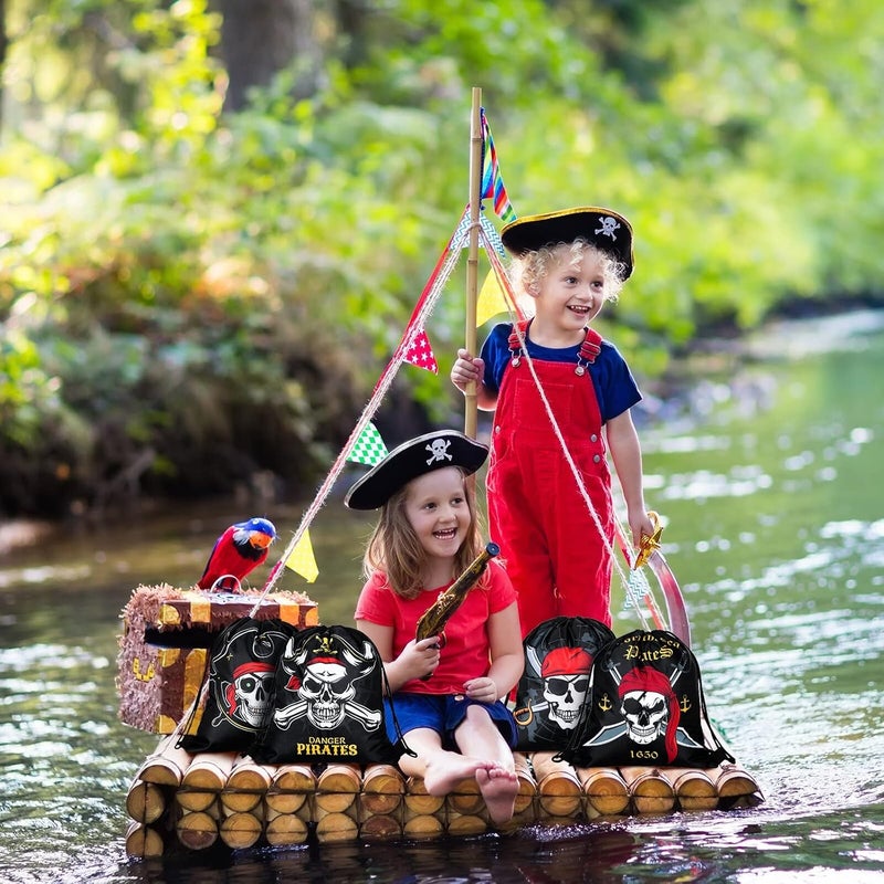 Kacctyen 24 Pcs Pirate Party Favor Goody Candy Treat Bags Halloween Pirate Captain Skull Gift Drawstring Bags for Boys Girls Adventure Themed Birthday Party Supplies Decoration16 Pieces - Image 5