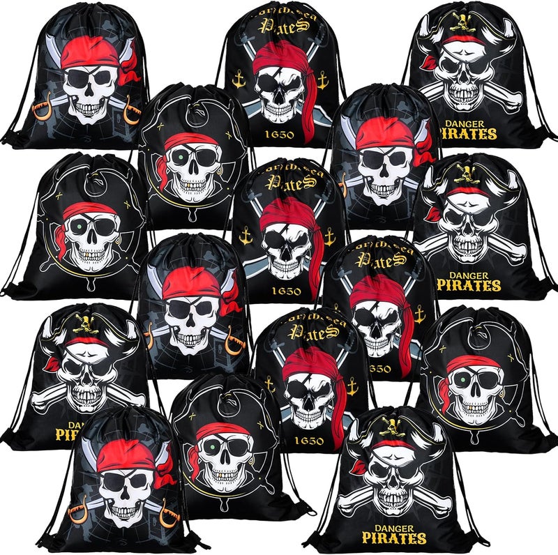 Kacctyen 24 Pcs Pirate Party Favor Goody Candy Treat Bags Halloween Pirate Captain Skull Gift Drawstring Bags for Boys Girls Adventure Themed Birthday Party Supplies Decoration16 Pieces - Image 1