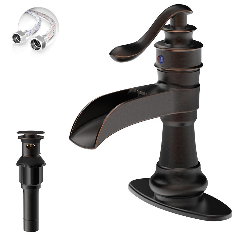 BATHLAVISH Oil Rubbed Bronze Bathroom Faucet Waterfall Bathroom Sink Faucet Farmhouse Bathroom Faucet Single Hole Single Handle RV Lavatory Vanity Vintage with Pop Up Drain with Overflow
