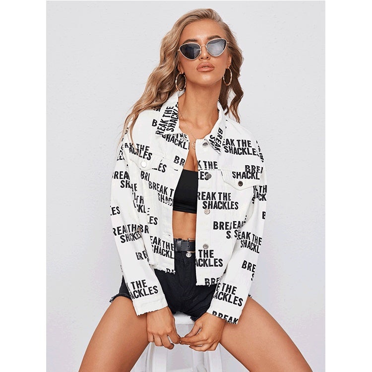 Autumn 2020 new white printed letters denim jacket short net red all-match European and American fashion top women white M - Image 2