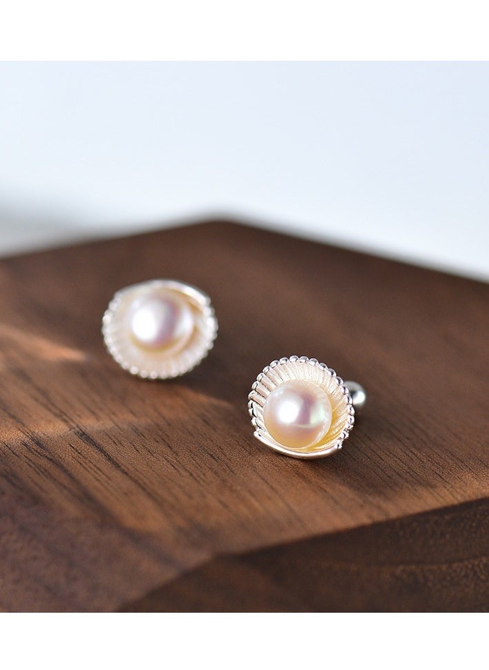 xozgdovg Women's sea scallop pearl with silver earrings  - Image 2