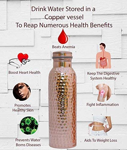 PIEPOT PIEPOT 100 Pure Copper Hammered Water Bottle 1 Litretamba bottle 1 litreDrinking Water bottle copper Brown Pack of 1 Hammered Bottle - Image 2