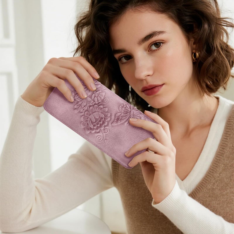 VIMUTI Wallet Women Ultra Slim Thin Rfid 3D Embossed Vegan Leather Womens Wallet Clutch Long Ladies Wallet (03-Purple) - Image 2
