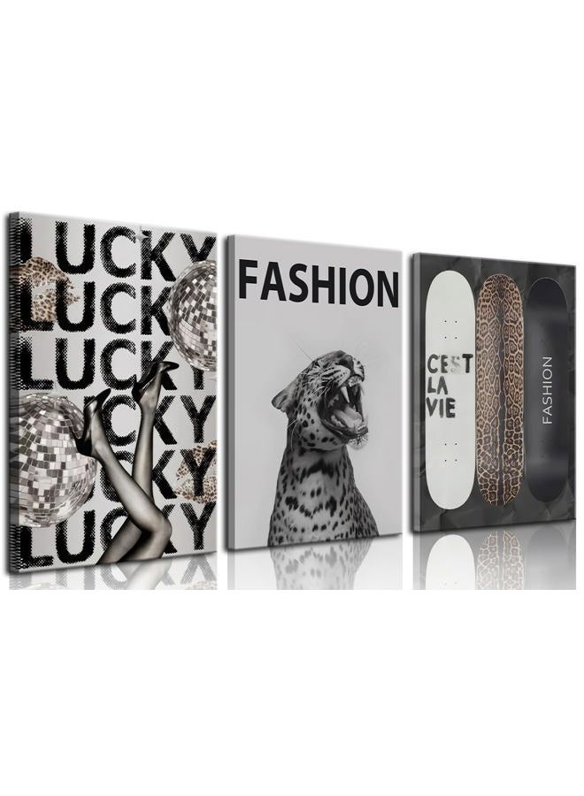 FFJ Trendy Leopard Canvas Wall Art Fashion Cheetah Lucky Skateboard Wall Decor Pictures Funky Vintage Preppy Luxury Aesthetic Posters Prints for Girly Bedroom Apartment Dorm Decoration 12x16in - Image 1