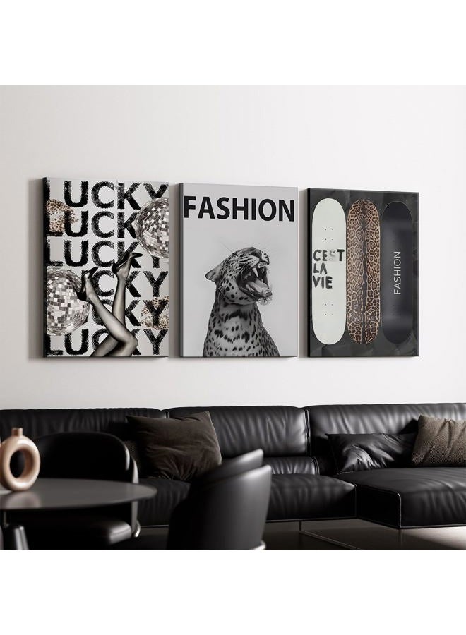 FFJ Trendy Leopard Canvas Wall Art Fashion Cheetah Lucky Skateboard Wall Decor Pictures Funky Vintage Preppy Luxury Aesthetic Posters Prints for Girly Bedroom Apartment Dorm Decoration 12x16in - Image 2