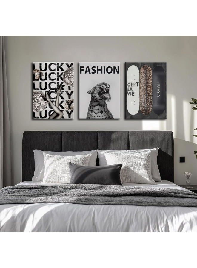 FFJ Trendy Leopard Canvas Wall Art Fashion Cheetah Lucky Skateboard Wall Decor Pictures Funky Vintage Preppy Luxury Aesthetic Posters Prints for Girly Bedroom Apartment Dorm Decoration 12x16in - Image 4