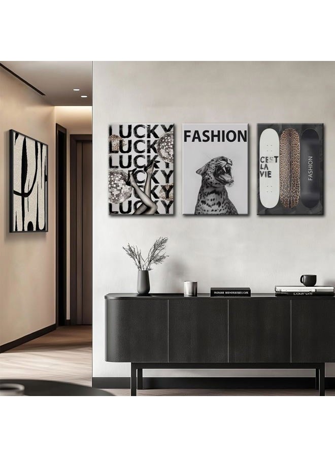 FFJ Trendy Leopard Canvas Wall Art Fashion Cheetah Lucky Skateboard Wall Decor Pictures Funky Vintage Preppy Luxury Aesthetic Posters Prints for Girly Bedroom Apartment Dorm Decoration 12x16in - Image 5