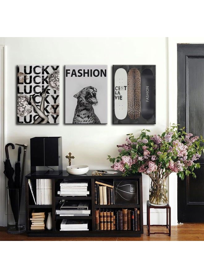 FFJ Trendy Leopard Canvas Wall Art Fashion Cheetah Lucky Skateboard Wall Decor Pictures Funky Vintage Preppy Luxury Aesthetic Posters Prints for Girly Bedroom Apartment Dorm Decoration 12x16in - Image 3
