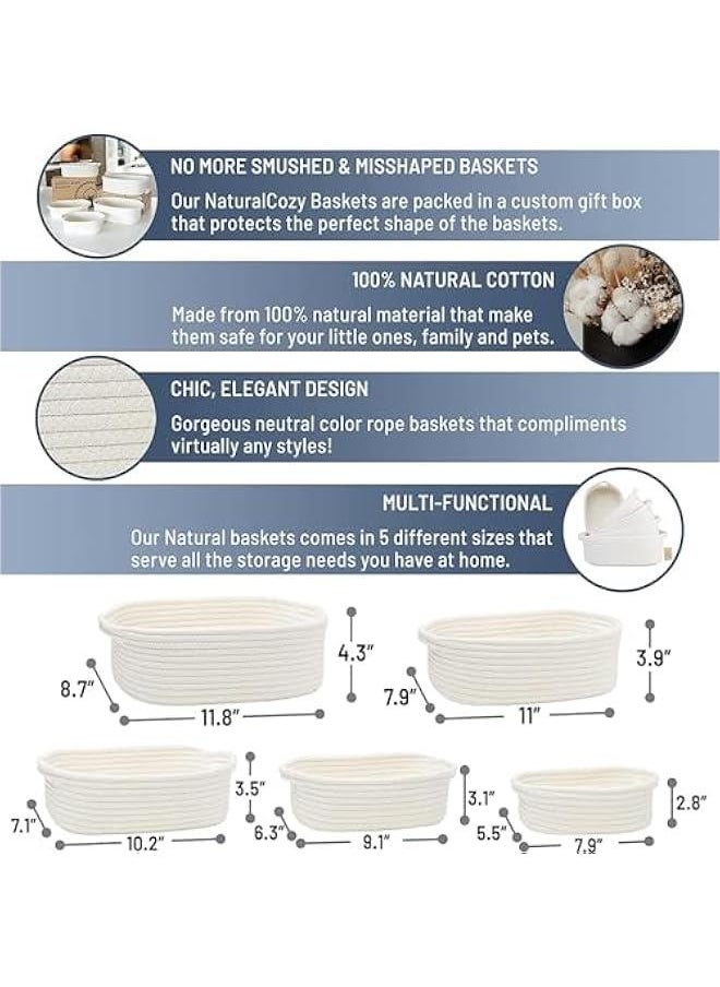 HOOKOR - Ellipse Storage Basket 5-piece Set- Natural Cotton Rope Woven Baskets for Organizing Small Basket Bins Storage, Shelf Storage Baskets for Organizing, Bathroom Organization Bin (White) - Image 1