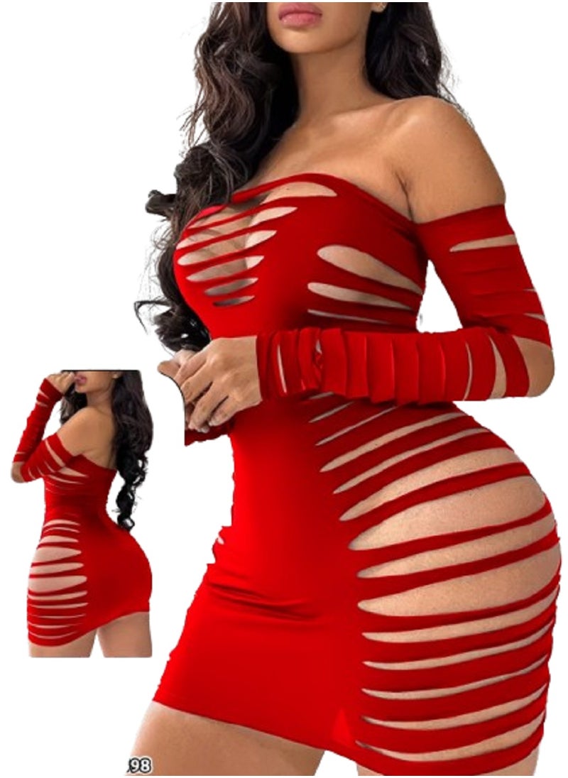 Ward Women's Lingerie Dress with Open Slits Long Sleeves and Off-the-Shoulder Design 